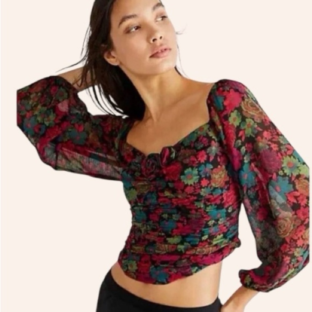Free People Oh Lala Black Multi Off The Shoulder Floral Chiffon Top Size Medium
